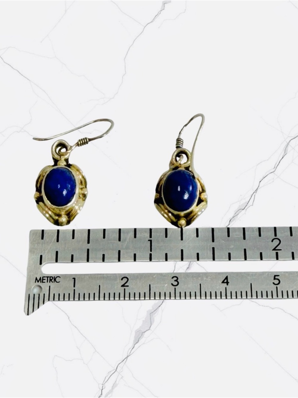 Vintage Sterling Silver Dangle Oval Blue Stone Lapis Lazuli ? Hook Earrings - Picture 7 of 8